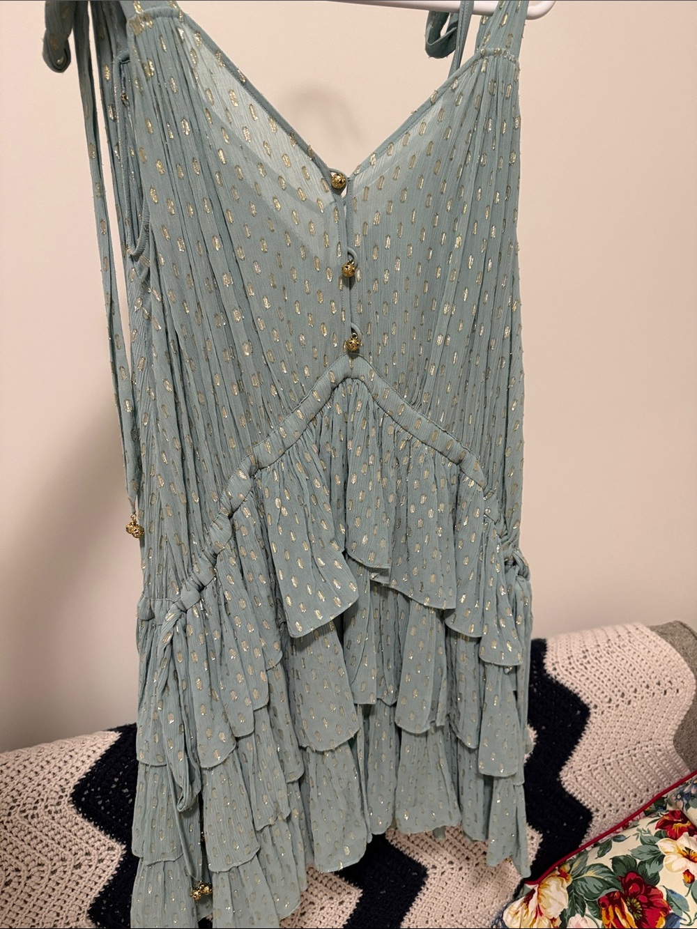 Zimmermann Pale Blue Metallic Dot Tiered Ruffle Mini Dress